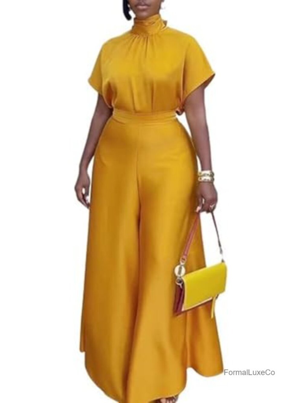 Mock Neck 2 Piece Set Satin Wide Leg Pants Business Casual